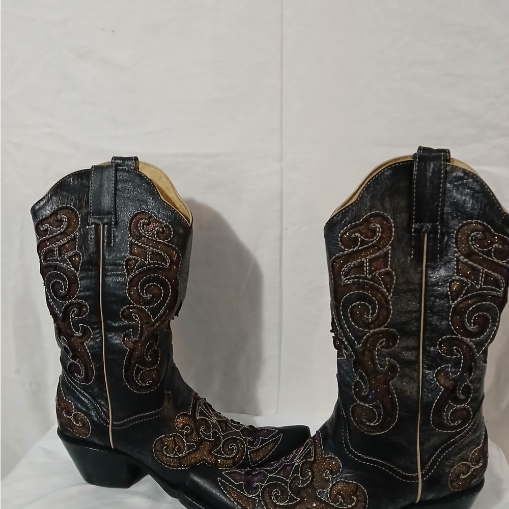 Chic Black Iridescent Purple and Brown Embroidered Heeled Boots